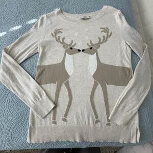 LOFT Deer Sweater Womens S Beige Winter Reindeer Holiday Pullover Knit Softgirl